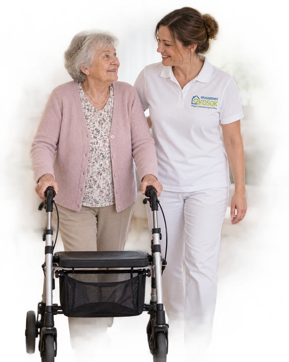 KI-Symbolbild: Pflegekraft mit Kosok-Logo begleitet eine ältere Frau am Rollator