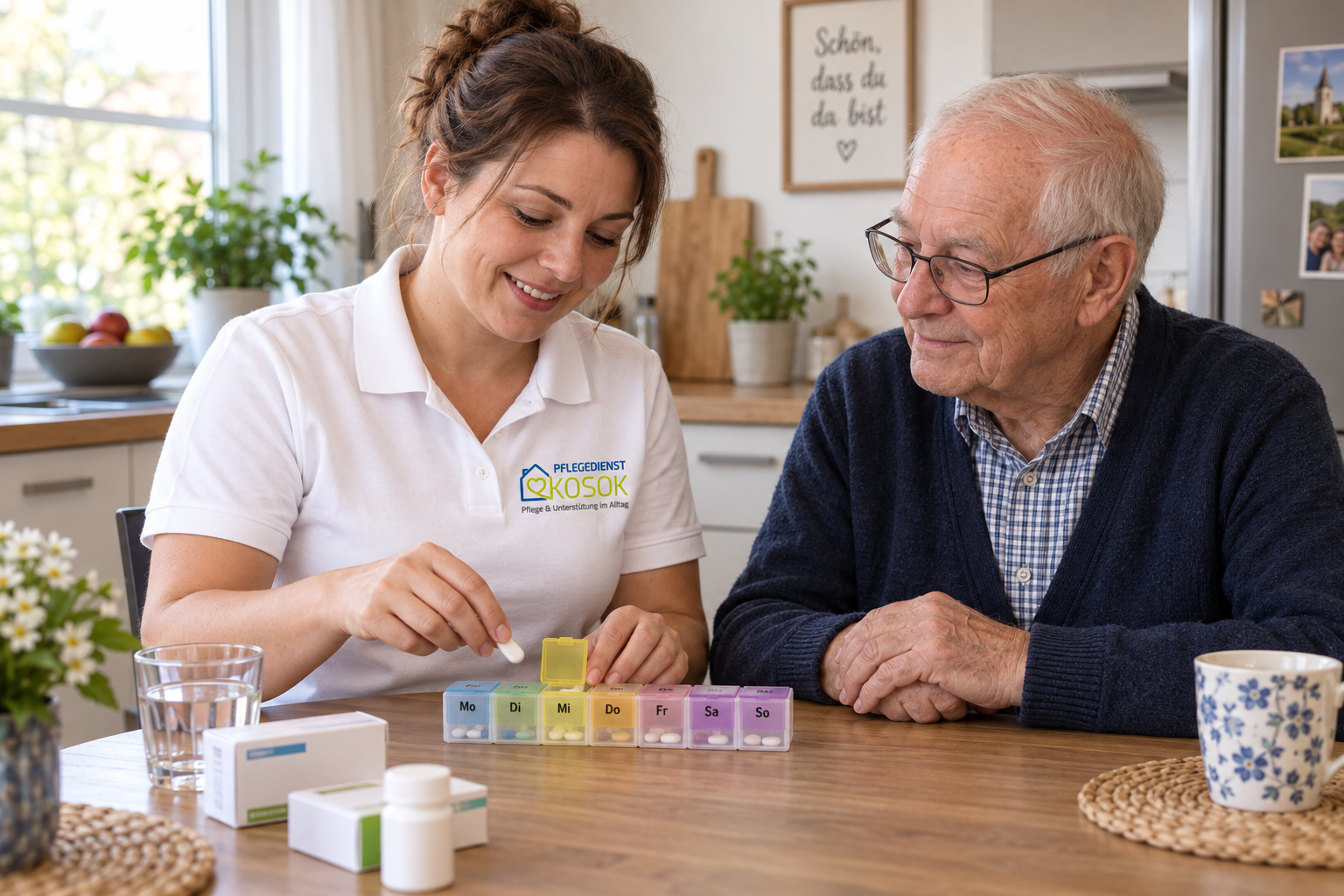 KI-Symbolbild: Medikamentenvorbereitung mit einer Pflegekraft und einem älteren Mann, mit Kosok-Logo auf der Kleidung